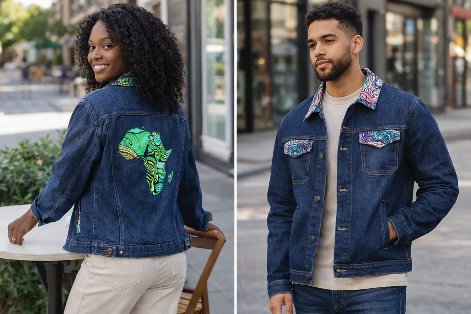 Tari Designs Shweshwe-print denim jackets in an urban setting