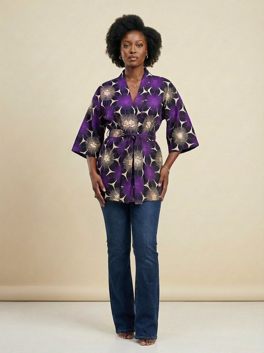 Tari Designs purple Shweshwe kimono jacket on a model